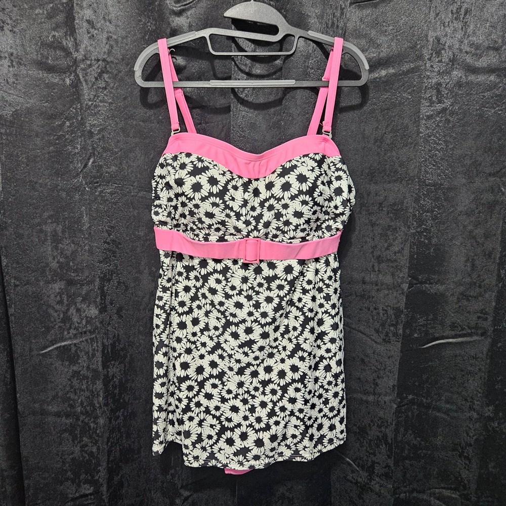 Always For Me Womens 16W Swim Dress Daisy Floral Pink Trim Buckle Retro Swimsuit